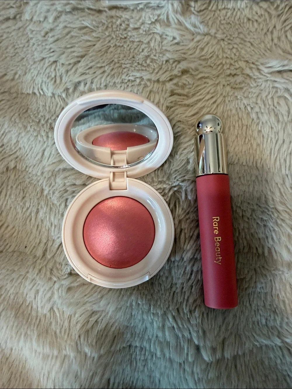 Rare Beauty Tinted Lip Oil & Luminous Powder Blush Bundle with Travel Bag